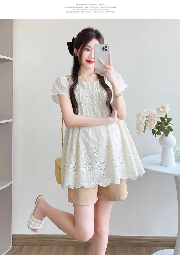 Pregnant Women's Summer Loose Clothes Set Hollow Out Embroidery Lace Shirts Belly Shorts Two Pieces Set Maternity Blouses Suits