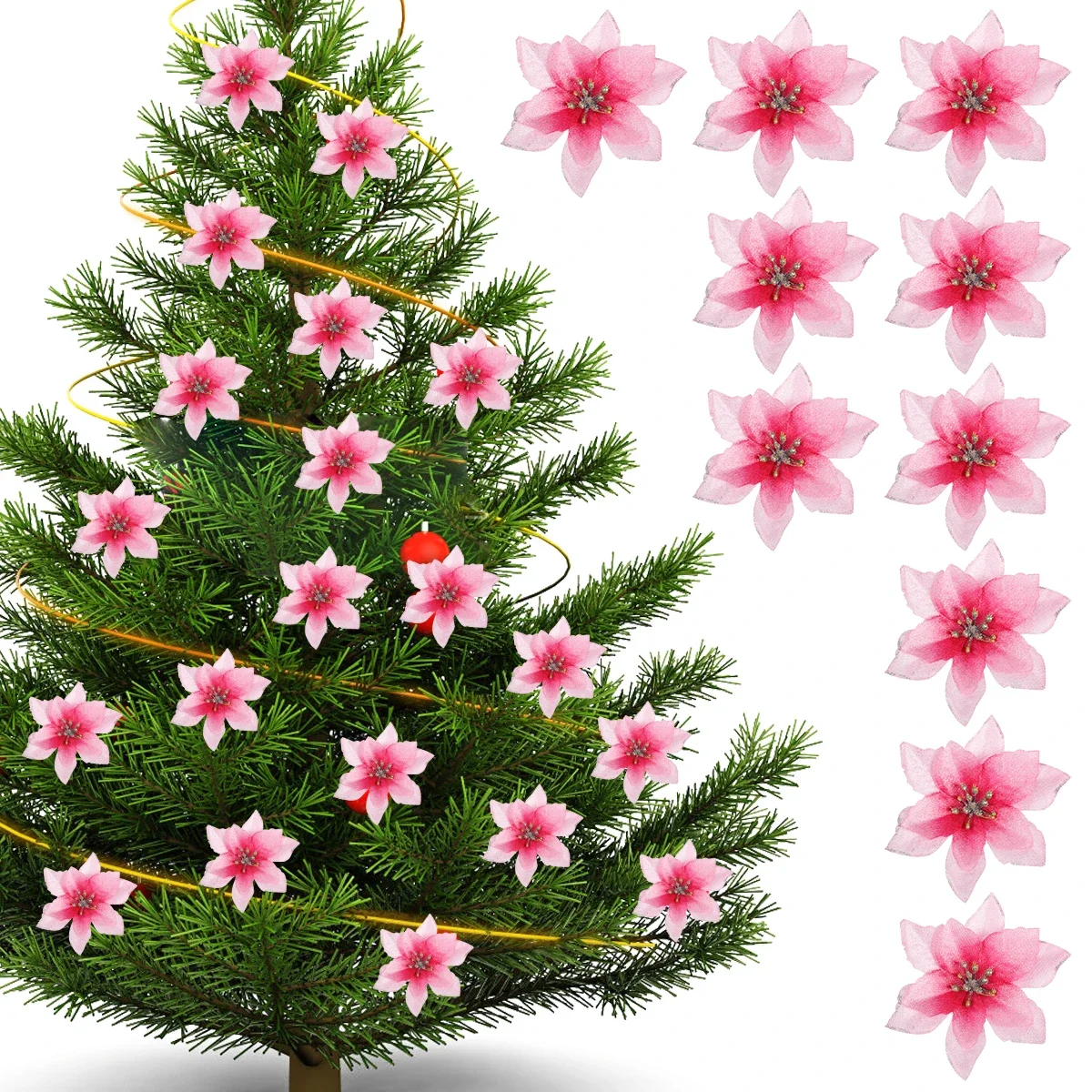 Artificial Glitter Xmas Flower Poinsettia Flower Head Christmas Tree Wreath Ornament Home Decoration Navidad New Year Decoration