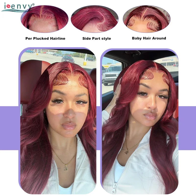 아이엔비 99J 버건디 바디 웨이브 인모 가발 여성용 체리 레드 컬러 13X4 13X6 HD 레이스 프론탈 가발 프리 플러킹 레미 헤어