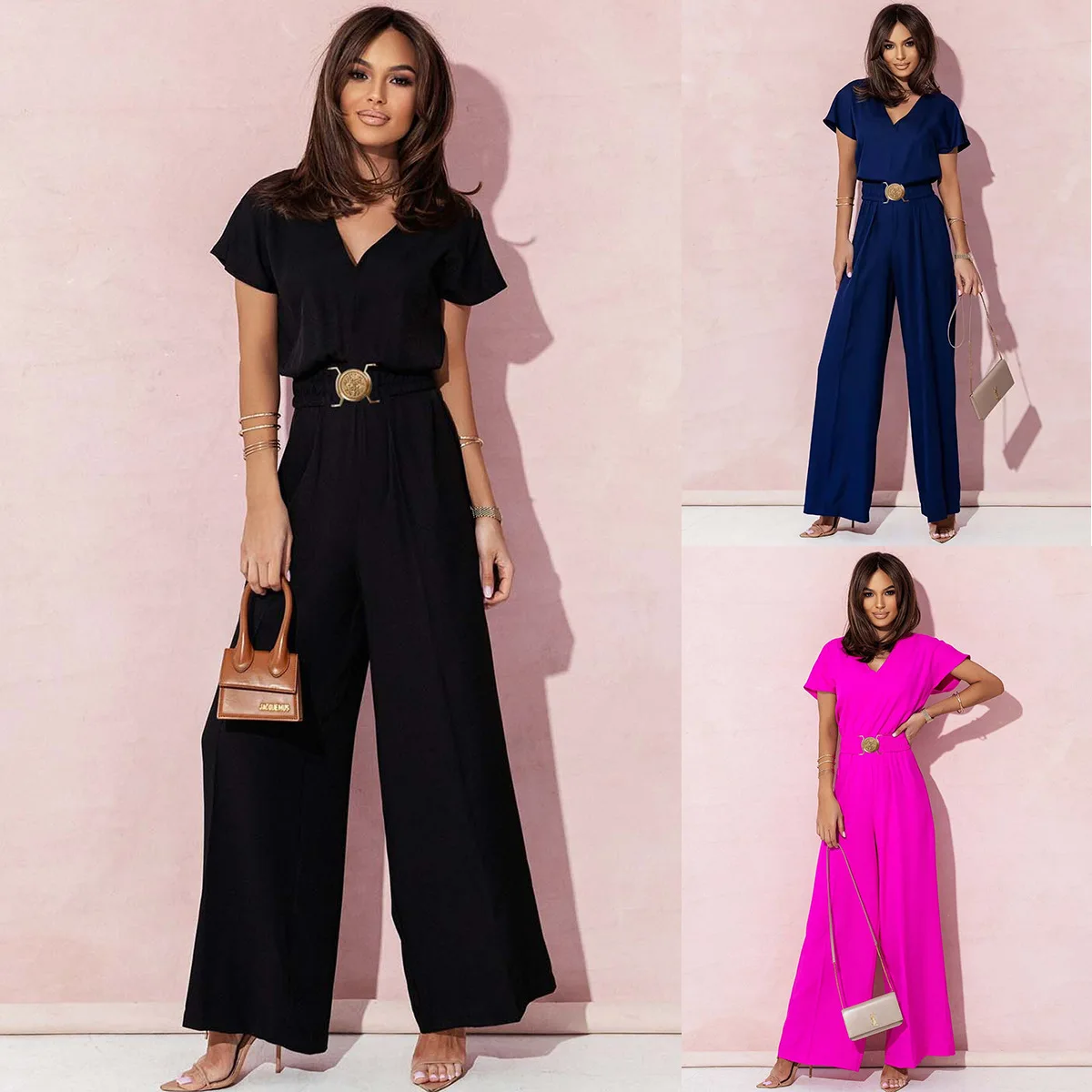 2025 Solid Color V-neck Waist Short-sleeved Casual Trousers Jumpsuit European and American Women's Clothing