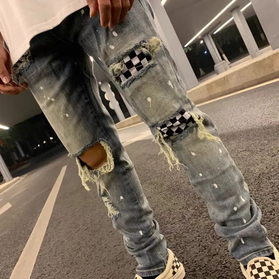 2023 Spring Autumn New High-end Street Broken Checkerboard Patch Slim Foot Pants Men Casual Fashion Elastic Denim Long Trousers