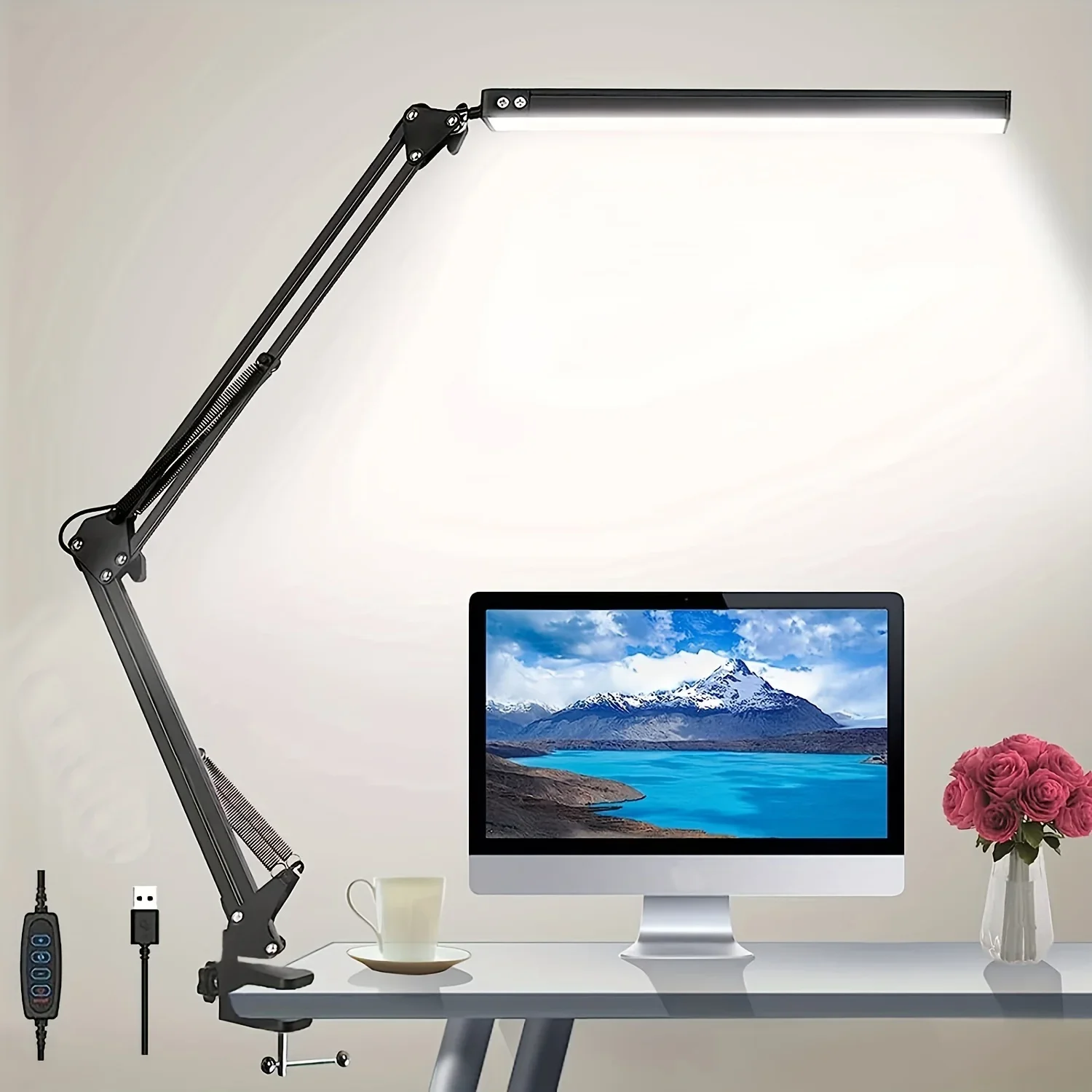 Eye-Caring Metal LED Desk Lamp - Dimmable 3 Lighting Color 10 Brightness, Clamp Table Desk Lamps for Studios, Reading