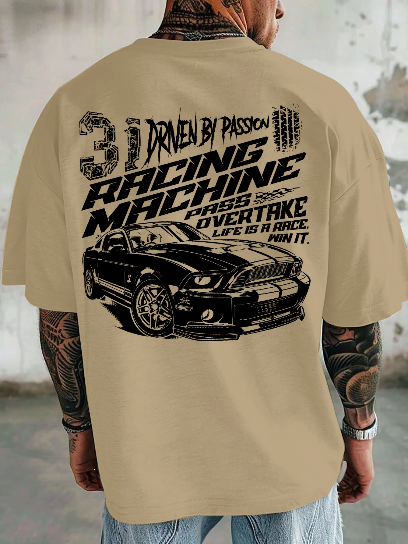 Herren Oversized T-Shirt Mustang Racing Car Back Print Tee Racing Machine Streetwear Unisex Pink Sommer Kurzarm-Top