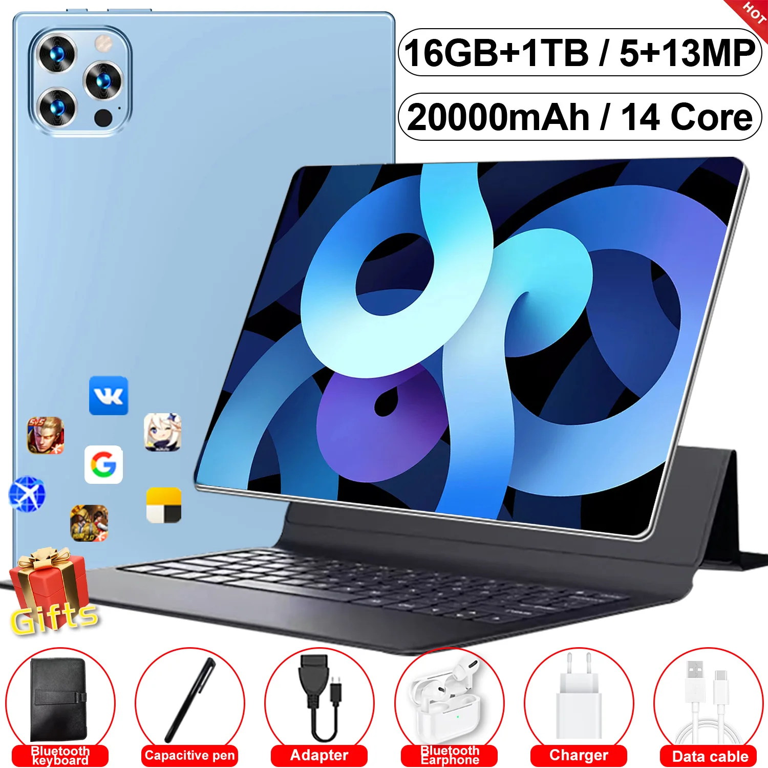 2024 Tablet Android 20000 Mah Versione Globale 16Gb + 1Tb Nuova Rete 11.1 Pollici 14 Core Android 13.0 Tablet Wifi