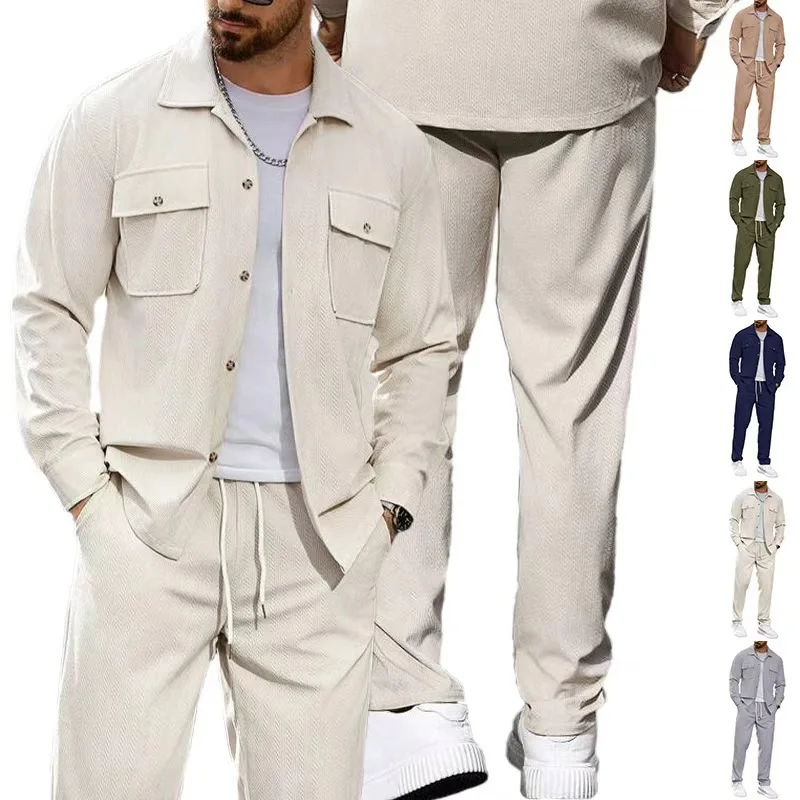 Men's Casual Sportswear Set Simple Button Pocket Collar Jacket Straight Leg Pants Autumn Fashion Polyester Long Sleeve Shirt