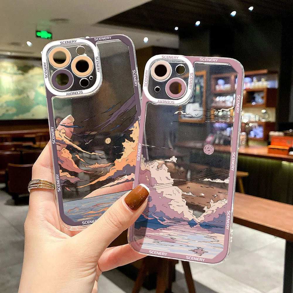Anime Scenery Sunset Phone Case For iPhone 14 13 12 11 15 Pro Max XS X XR SE 2020 7 8 Plus Clear Landscape Cover Iphone11 Capa