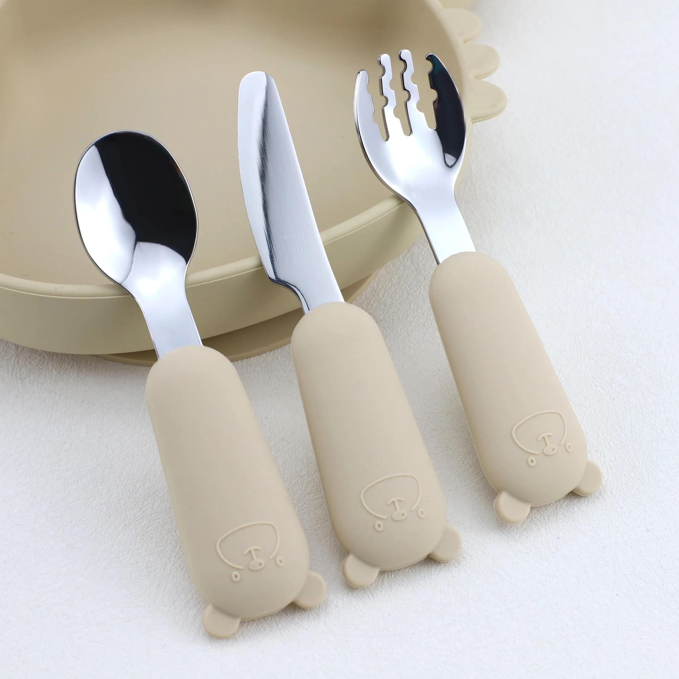 New Cartoon Bear Stainless Steel Spoon Fork Knife 3-Piece Set Silicone Tableware Set