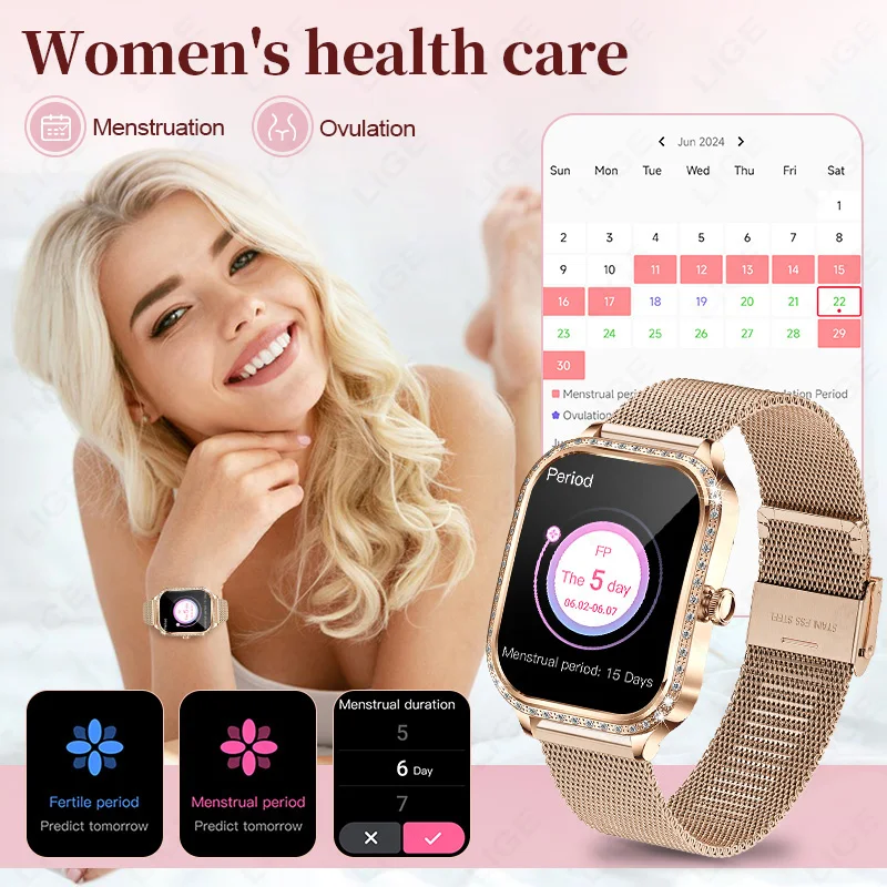 LIGE Fashion Design Women Smart Watch 1.75" Curved Screen Smartwatch Bluetooth Call Clock IP68 Waterproof Diamond Case Bracelet