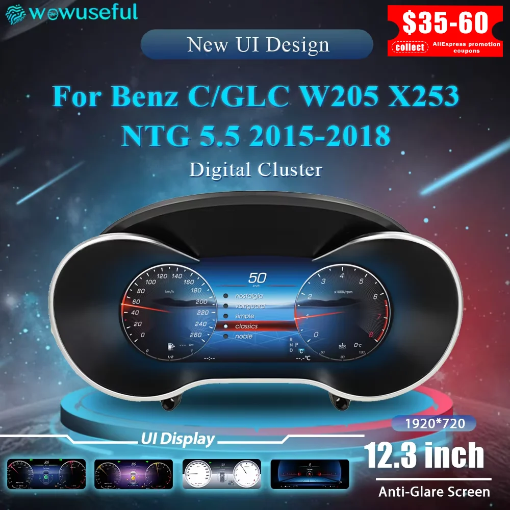 Cabina de panel de instrumentos de 12,3 pulgadas para Benz C GLC S205 W205 V205 117 X253 2015-2018 Ntg5.0 4,5 5,5 grupo de tablero Digital automático 1