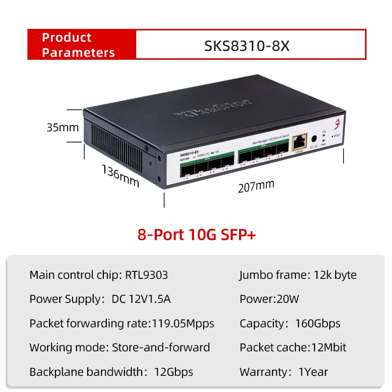 Xikestor SKS8310-8X SFP+ 10Gbps 8ポートスイッチ 8 Port 10G Ethernet Switch, L3 Managed 10Gb Network Switch