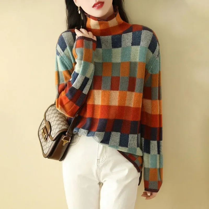 

2024 Autumn and Winter Women's Pullover Turtleneck Printing Plaid Loose Bottom Fashion Casual Elegant Commuter Long Sleeve Tops