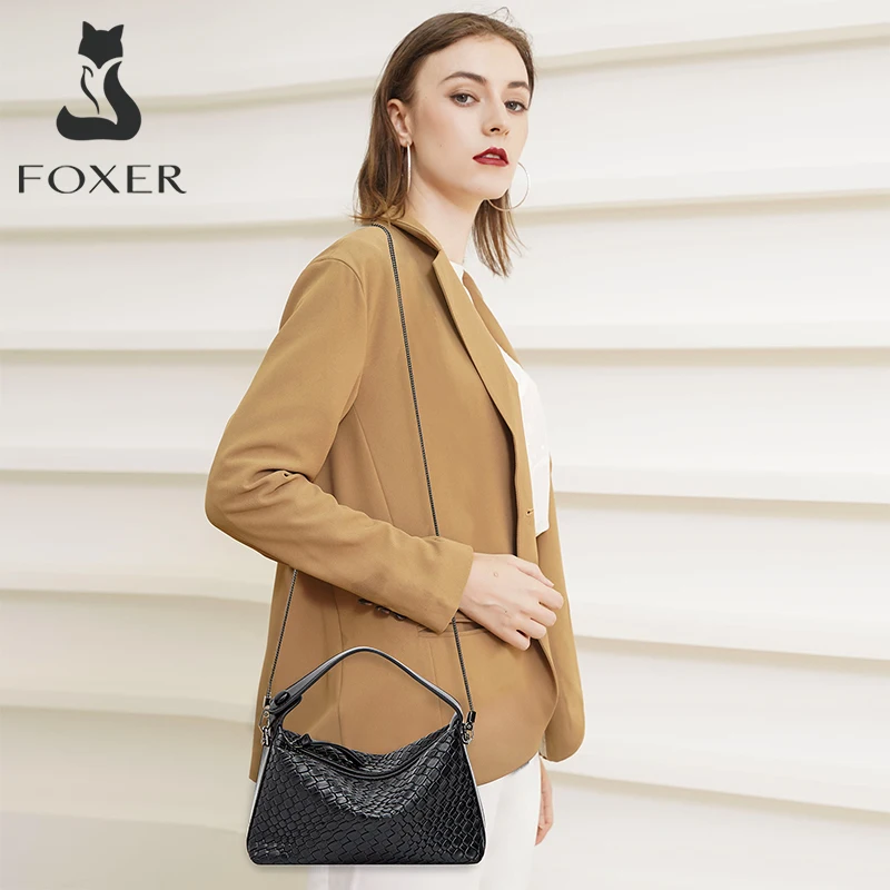 FOXER High Quality Women Small Handbag Stylish Female Plaid Crossbody Bag Lady Zipper Split Leather Diamond Lattice Shoulder Bag