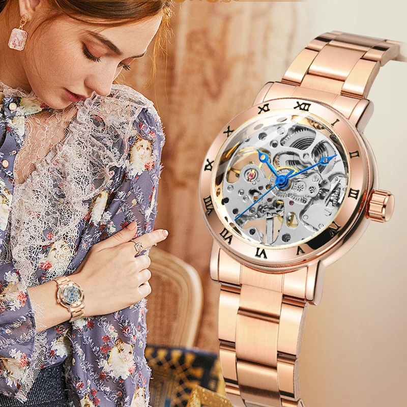 

Winner Skeleton Dial Stainless Steel Exquisite Watch Rose Golden Women Fashion Watch Luxury Brand Waterproof Mechanical Clock