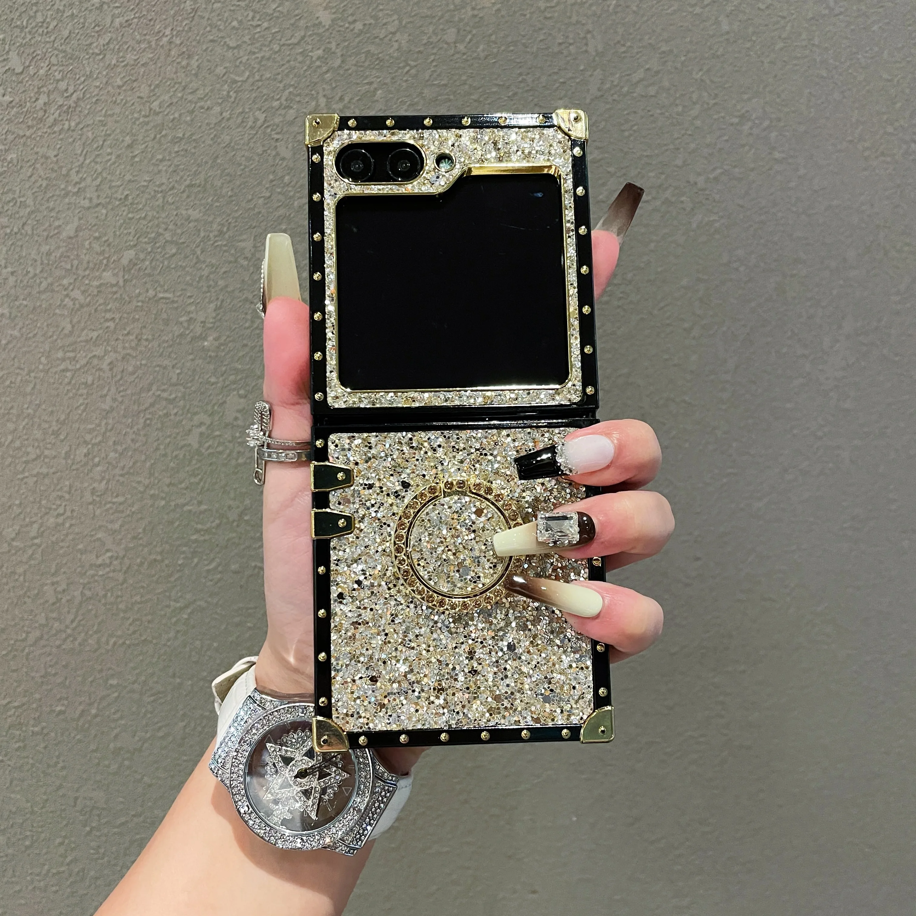 Sparkling Gold Faux Rhinestone Leather Phone Case with Shiny Ring Holder