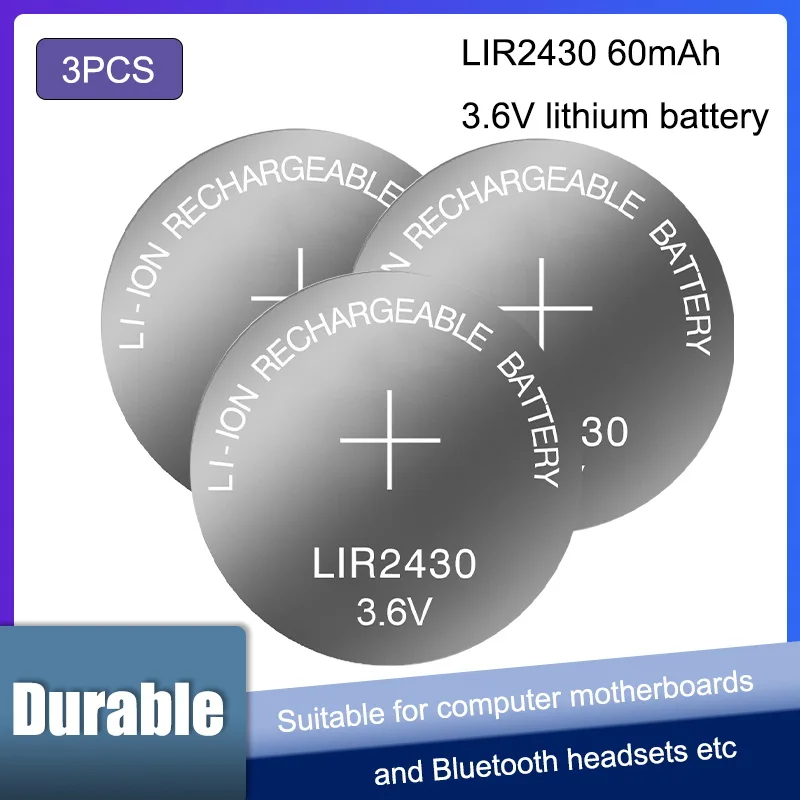3PCS LIR2430 3.6V Rechargeable lithium Battery can replace CR2430 3.6V