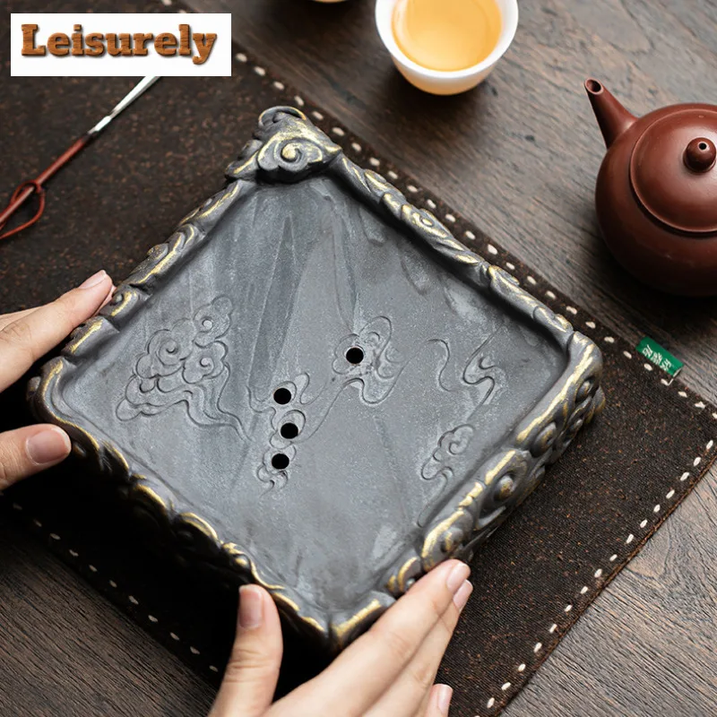 Old Rock Mud Auspicious Cloud Square Pot Bearing Holder Gaiwan Support Water Storage Dry Soaking Table Tea Tray Teaset Ornaments