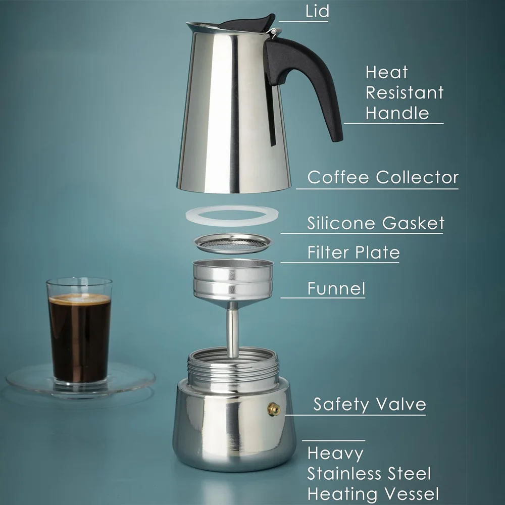 Italian Espresso Coffee Maker Stovetop Moka Pot Stainless Steel with Coffee Percolator Design Camping Home Coffeeware