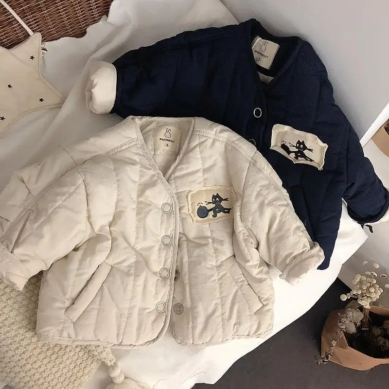 Korean Kids Winter Jacket Cotton Down Parkas Boys Girls' Cute Cat Print Cotton Coat Thick Cotton Chidlren Coat Warm Cotton Coat