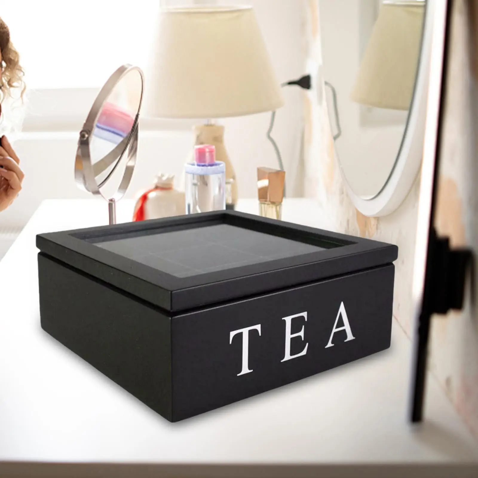 Tea Tin Box Tea Canister Airtight Container Wooden Tea Box with Viewing Window with Lid Home Tea Bag Box for Assorted Teas and Condiments Instant Coffee Packets Creamers