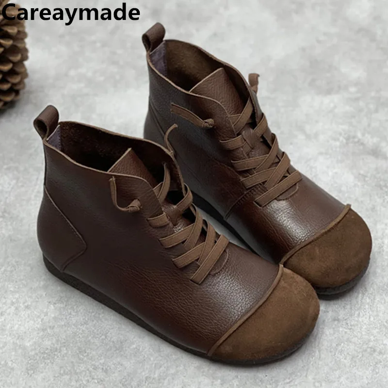 

Careaymade-Genuine Leather Women Cool Boots Elastic Band Round Toe Flat Sewing Handmade Concise Retro Ankle Boots warm boots
