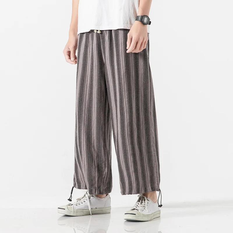 

Летние тонкие полосатые повседневные укороченные брюки, традиционный костюм, Свободные мешковатые шаровары, мужские спортивные брюки в стиле Харадзюку