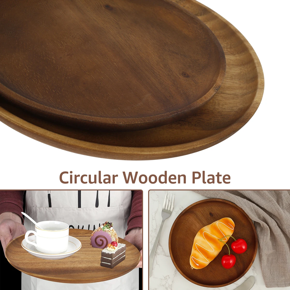 Round Wood Plates 20/24cm Acacia Wooden Tray Dinner Plates Simple Serving Dishes Snack Dessert Fruit Bread Soup Tableware