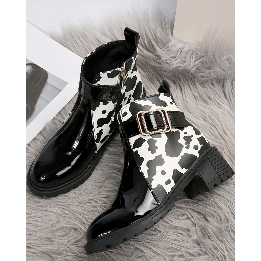 Winter Women Leopard Colorblock Belt Buckle Zipper Ankle Boots Casual Round Toe Ankle Midi Heel Marten Black Boots Daily Korean
