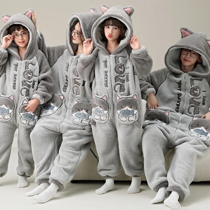 Parent-Child Outfit Pijamas Jumpsuits Kawaii Cartoon Panda Cat Women Men Sleepwear Hoodies Winter Thicken Pajamas Onesie Pyjamas