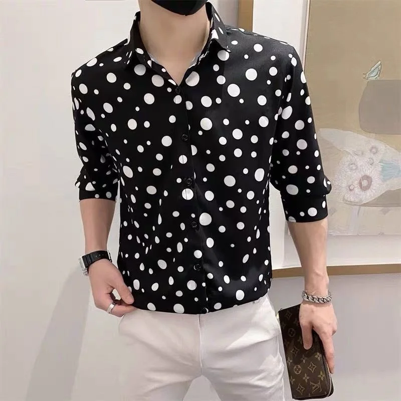 

2023 New Shirts Casual Print Lapel Streetwear Male Short Sleeve Blouses Fashion Summer Slim Clothes Chic Tops A31