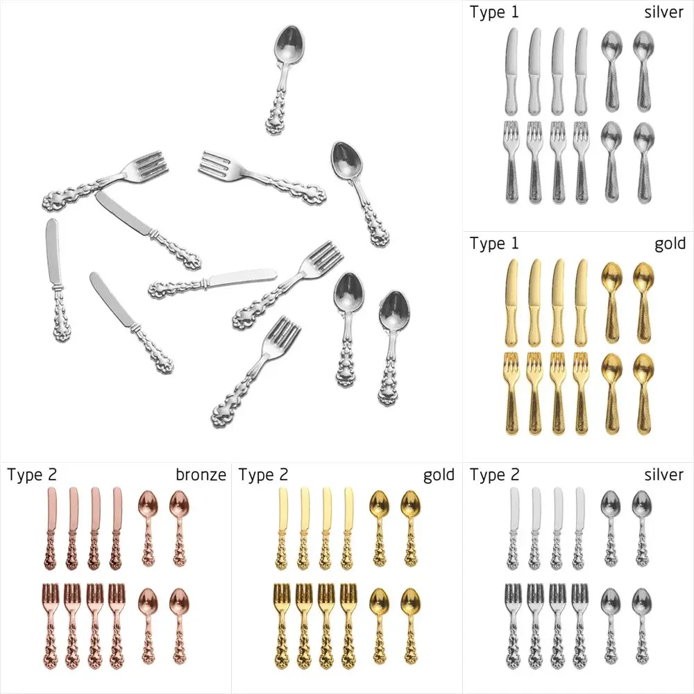 Kitchen Toys Pretend Kitchen Toys Doll House Toys Dollhouse Furniture Set 12PCS Miniature Metal Cookware Fork Knife Spoon Toys Dollhouse Furniture Gold Silver 1:12 Scale Simulation Mini Cutlery