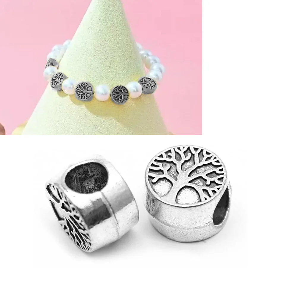 10 Stück Lebensbaum-Perlen, versilbert, Legierung, DIY großes Loch, Metall-Abstandshalter, passend für europäische Charms-Armbänder