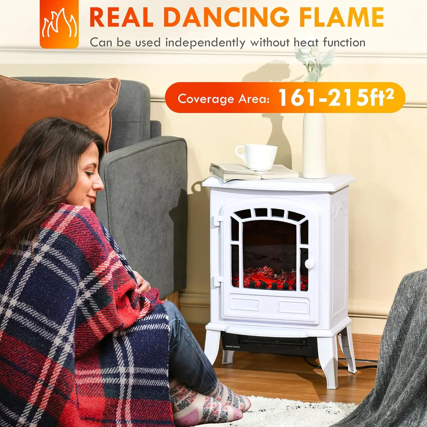 22" Free Standing Electric Fireplace Stove Fire Place Heater with Realistic Flame Effect Overheat Safety Protection 750W / 1500W 3