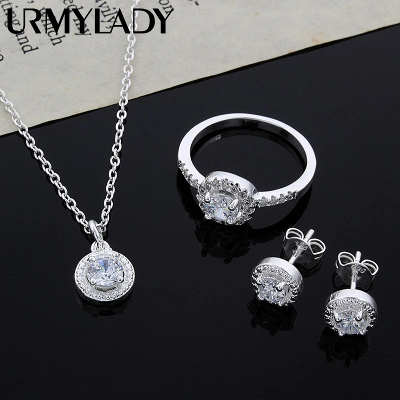 925er Sterlingsilber, süßes solides Weihnachtsgeschenk, edle Mode, elegante Damen, glänzender Kristall, CZ, Halskette, Ohrring, Ring, Schmuckset