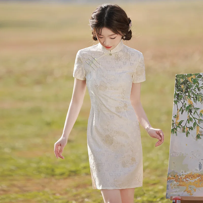 

Женское кружевное платье-Ципао, элегантное бежевое короткое повседневное винтажное платье в китайском стиле с вышивкой, размеры от S до 3XL, S2547, лето 2024