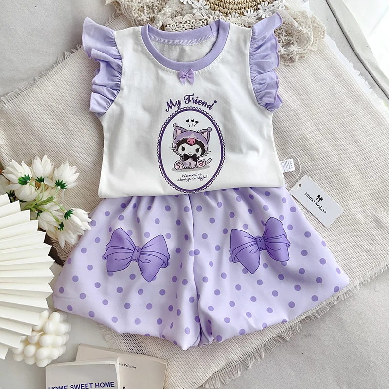 

2024 Cute My Melody Children Clothes Kawaii Sanrio Anime Kuromi Cinnamoroll Pants Summer Sweet Cute Babys Vest Set Gift for Kid