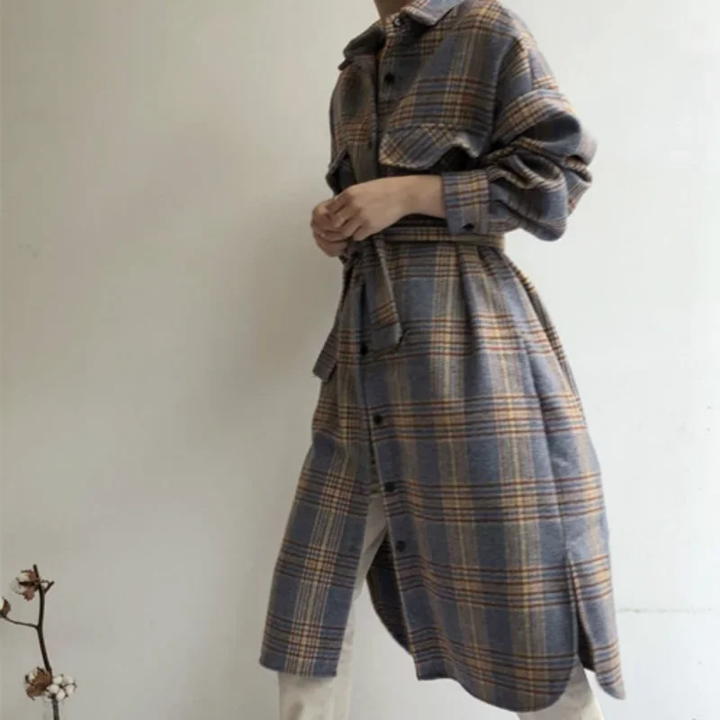 Women Winter Long Elegant Shirt Coat Long Sleeve Plus Size Woolen Plaid Overcoat Long Sleeve Outwear Vintage Autumn Jacket Cloak