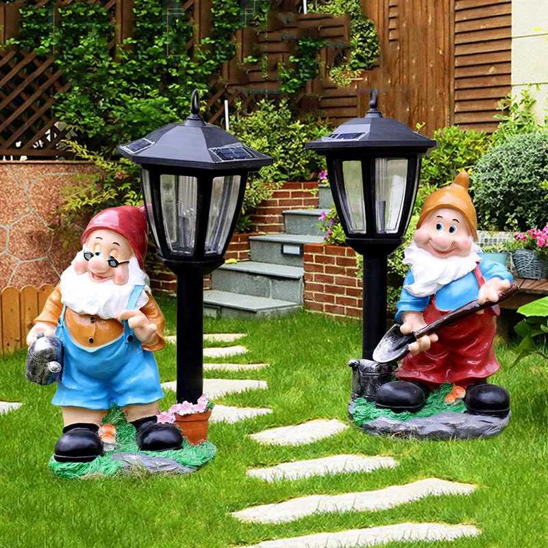

American Cartoon Dwarf Solar Lamp Resin Ornaments Outdoor Courtyard Lawn Figurines Decoration Garden Landscape Sculpture Crafts