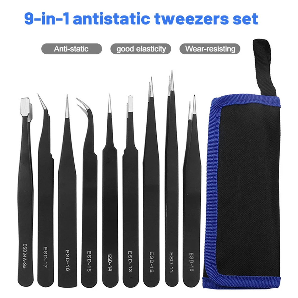 9 in 1 Tweezers Kit Anti Static Stainless Steel Forceps Hand Tools Set for Electronics Mobile Phone Repair BGA Work Tools precision tweezers tweezer tool esd anti static tweezers phone repair tweezers