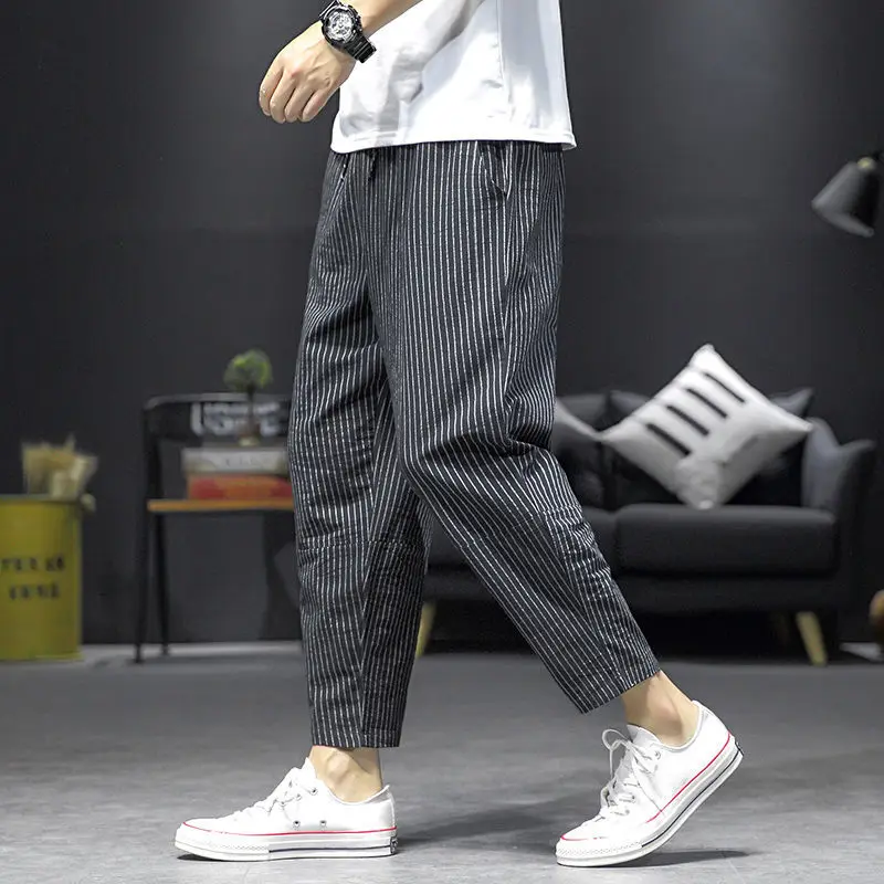 2023 Men's Clothing Loose Spring Summer Thin Elastic Waist Pockets Striped Simplicity Handsome Fashion Casual Comfortable Pants