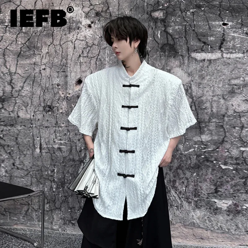 

IEFB Chinese Style Men's Short Sleeve Shirt Contrast Color Buckle Stand Collar Trend Fashion Loose Casual Male Top 9C5608