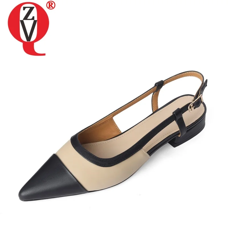 

ZVQ New Style Flat Shoes Ladies Good Quality Pointed Toe Genuine Leather Handmade Shoes Back Strap Buckle Girls Casual Shoes