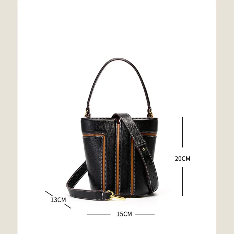 New Luxury Genuine Cow Leather Bucket Bags For Women Large Capacity Shoulder Crossbody Bags Cowhide Commute Fashion Handbag