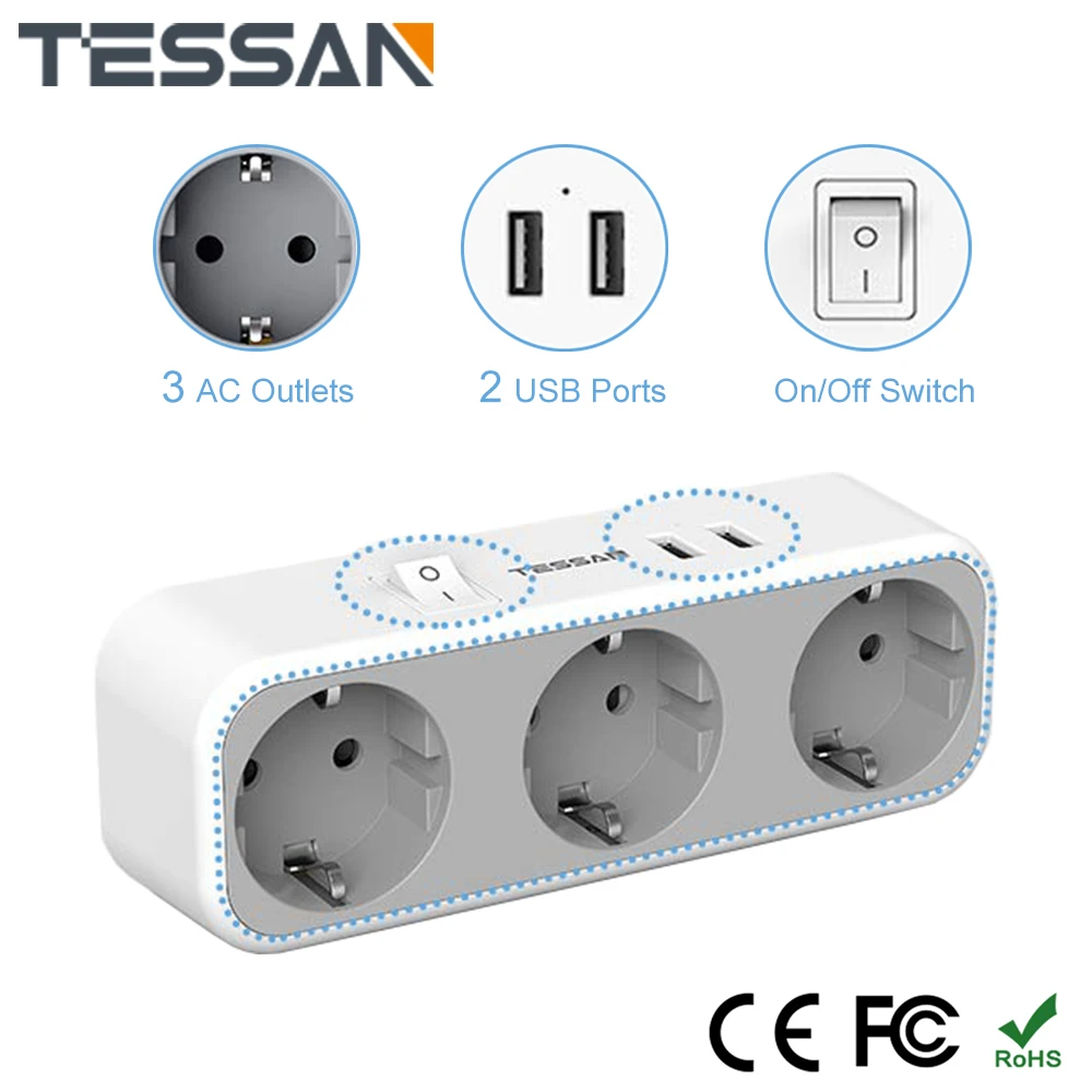 

TESSAN USB Socket Adapter with On/Off Switch, 1/2/3 AC Outlets & 2 USB Ports, EU Wall Socket Multi Plug Power Strip for Home