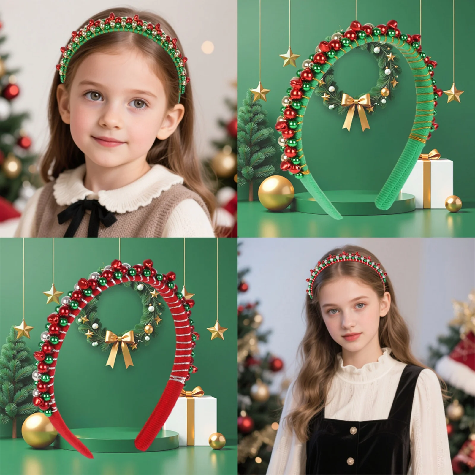 1PC Christmas Jingle Bell Headbands, Rhinestone Beaded Red Green Hair Hoops, Festive Hair Accessories For Women Girls