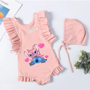Lilo Stitch Girls' Summer Swimsuits Kids One-Piece & Bikini Sets with Bathing Cap Beachwear Swimwear for Children 1