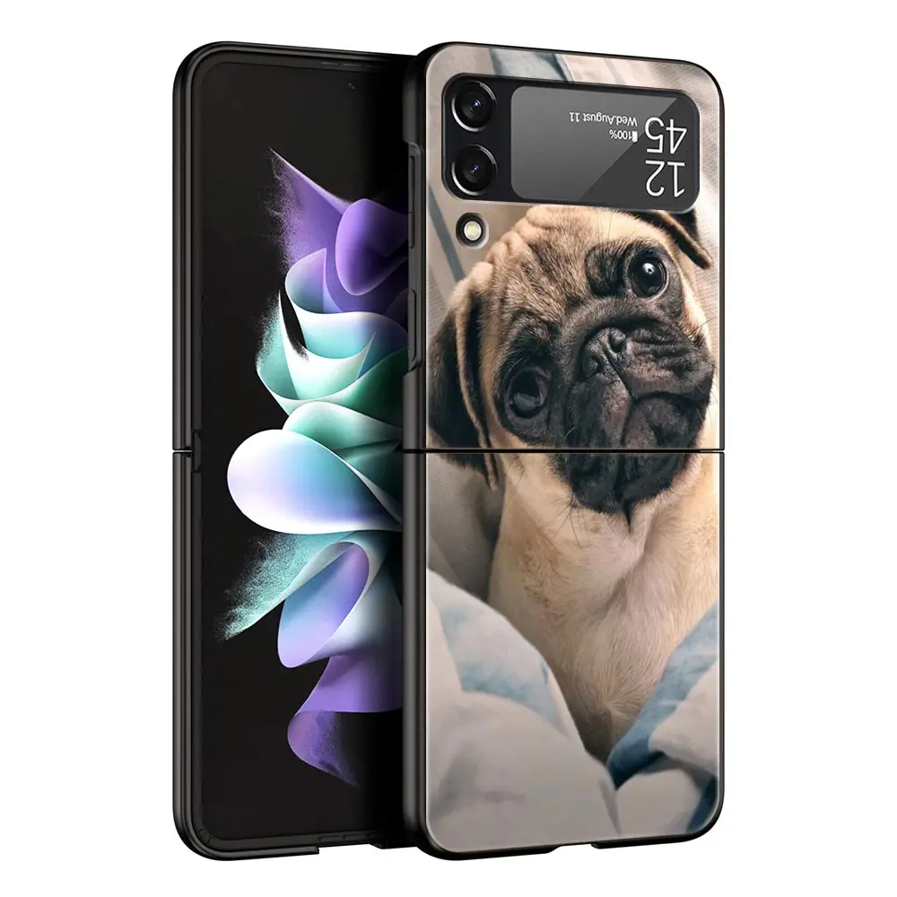 Folding Black Shell Phone Case with Cute Pug Design - PC Hard Cover