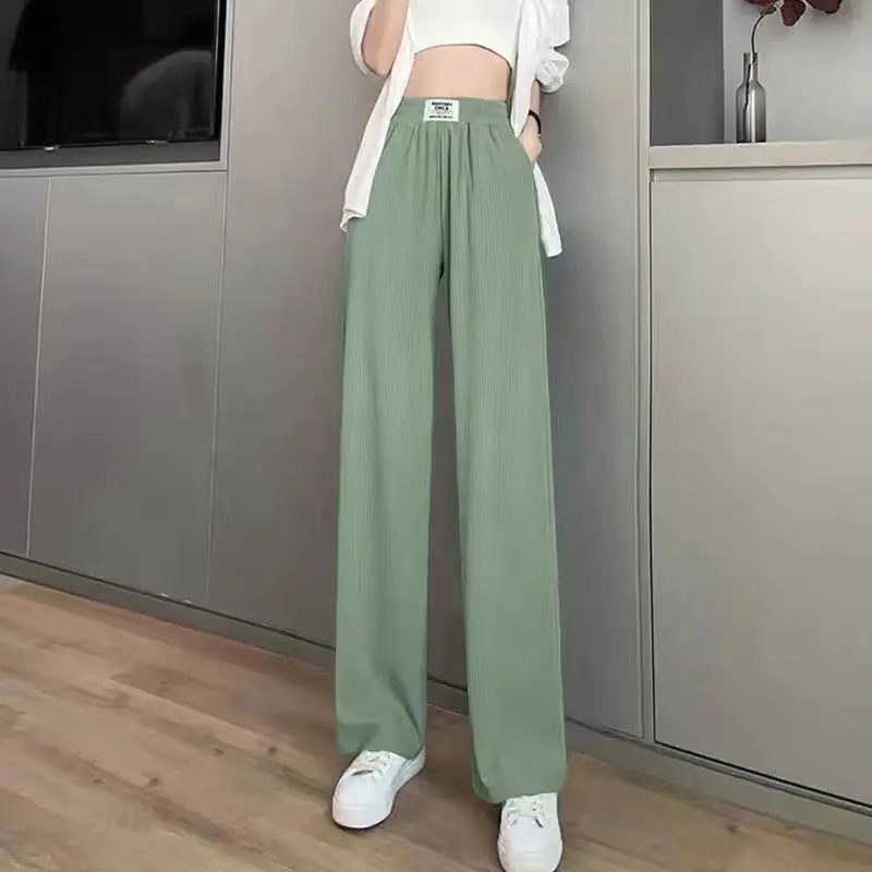 Ice Silk Wide Legged Women's Spring and Autumn Patchwork High Waist Pockets Fashion Slim Drop Straight Casual Floor Slam Pants