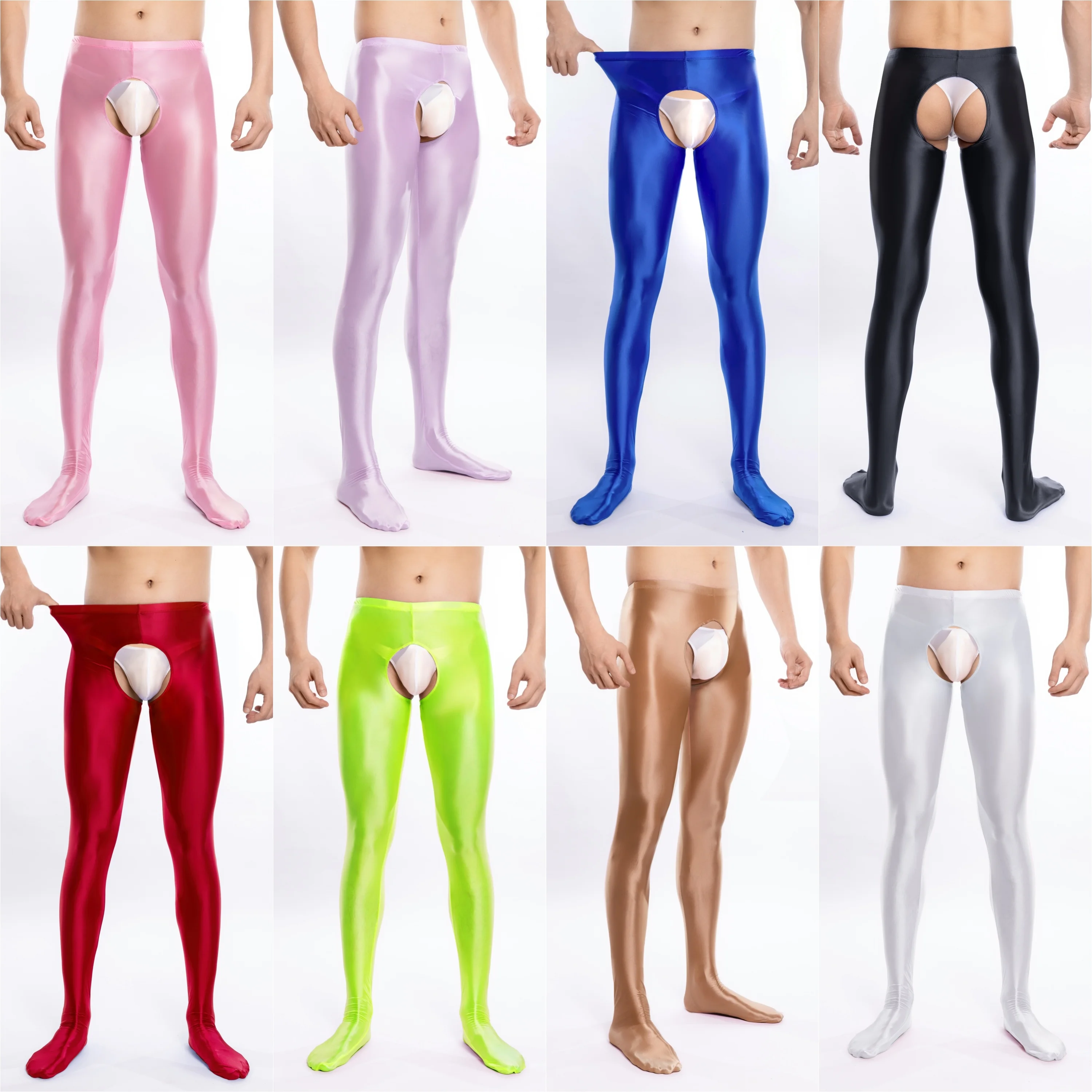 Men's open crotch leggings high waisted covered cut shiny bodysuits underwear nightclub dance costumes