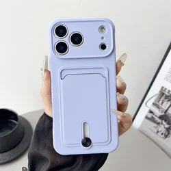 Sleek Push Card Holder Wallet Phone Case - Protective Soft Silicone Cover - iPhone 15 Plus (PURPLE)