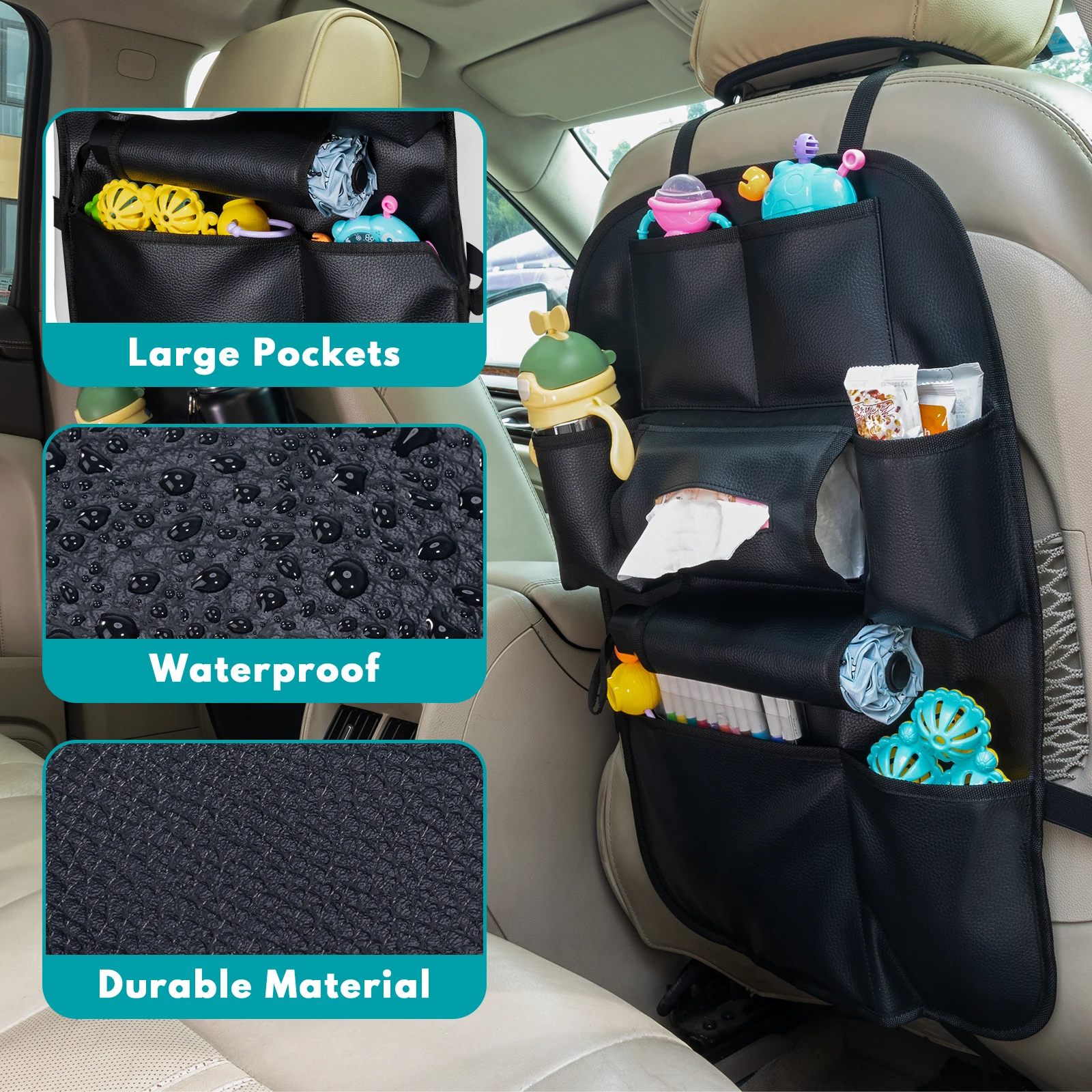 PU Leather Car Backseat Organizer-8 Storage Pockets Car Seat Back Organizer, Seat Storage Organizers with Tissue Box/Cup